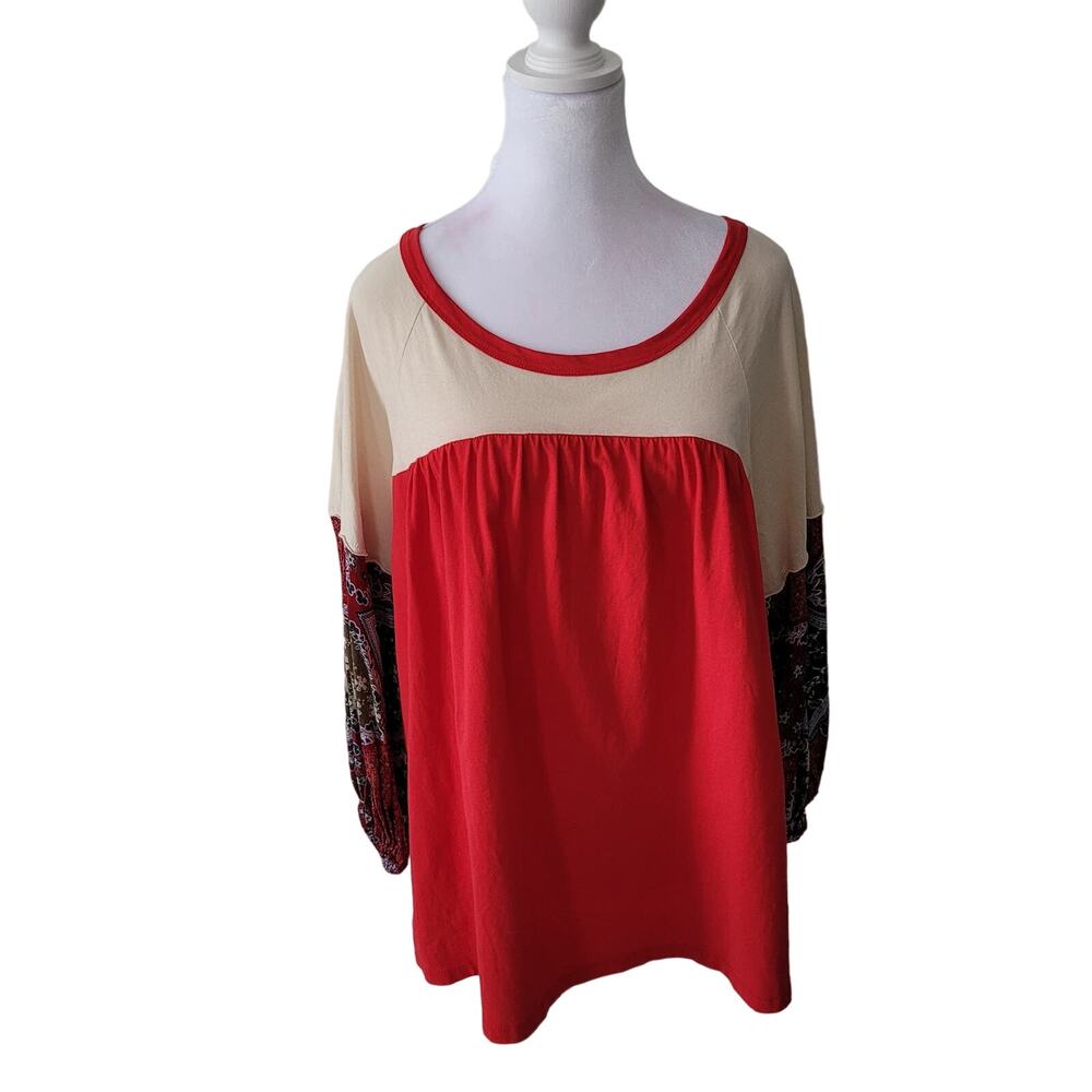 Umgee Size L Colorblock Mixed Print Fabric Long Sleeve Boho‎ Top Bohemian Casual